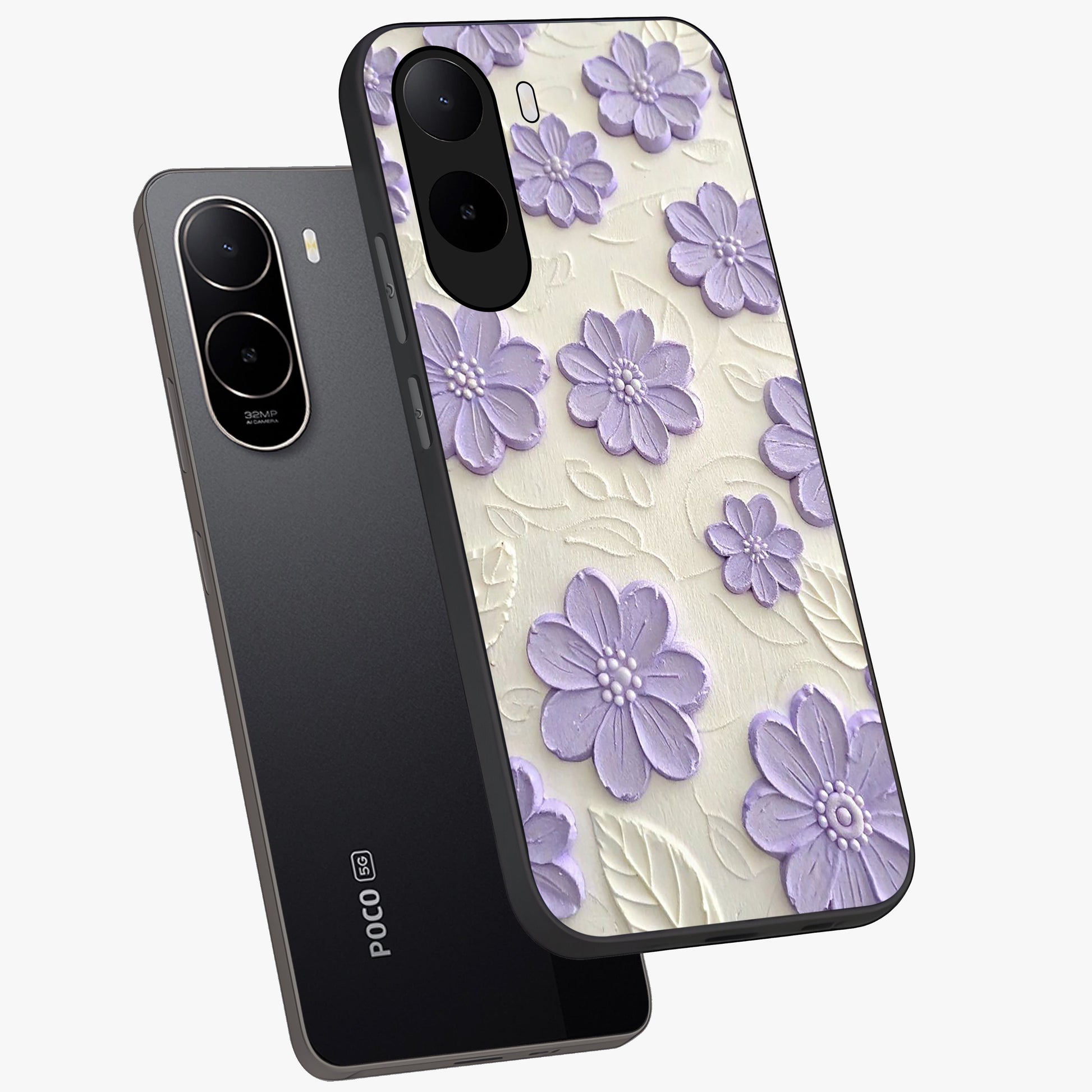 Floral Wall Art With Purple Flowers Glass Case displayed in angled mockup highlighting vibrant purple floral illustration with artistic aesthetic.