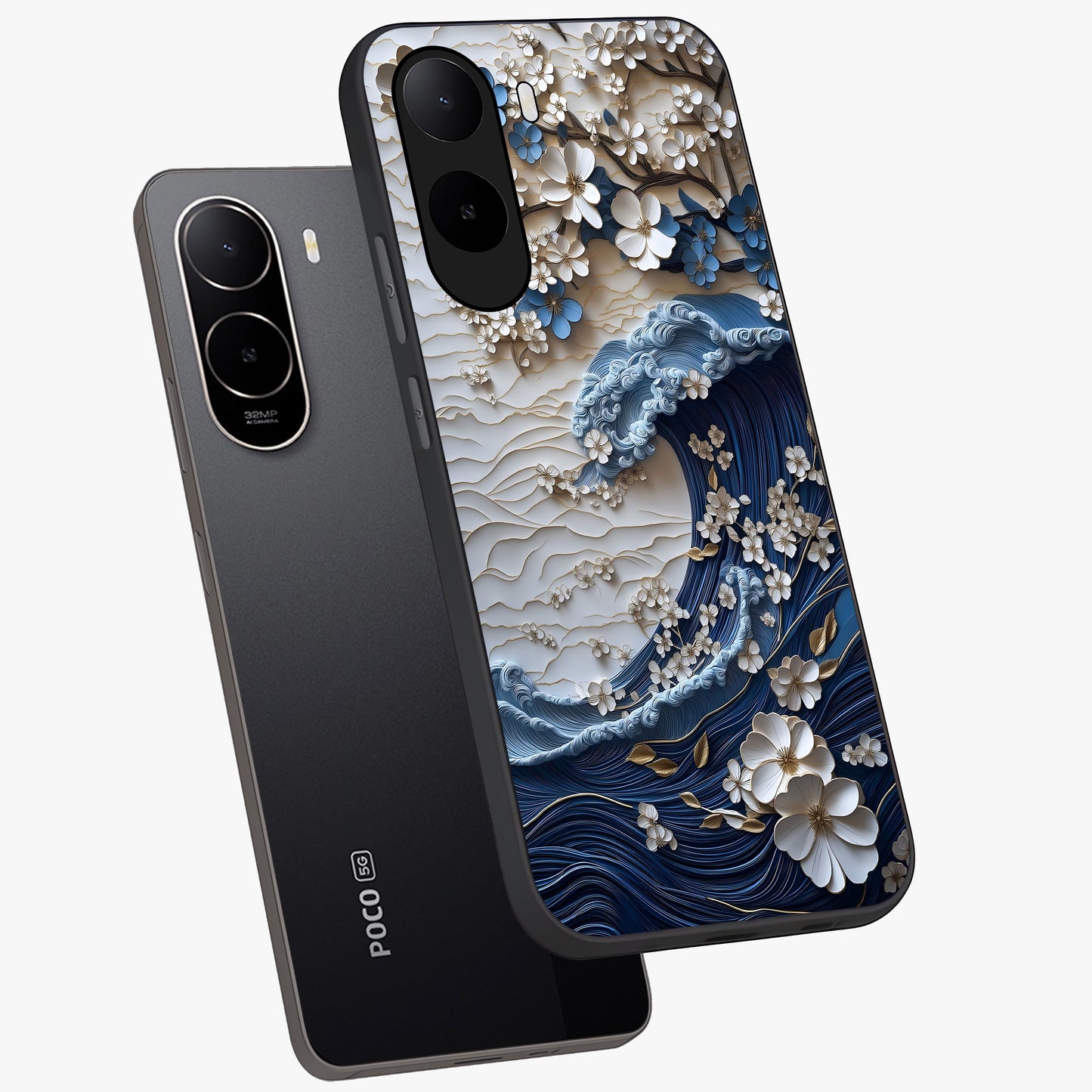Floral Wave Origami Glass Case displayed in angled mockup highlighting geometric origami flower design with modern aesthetic style.