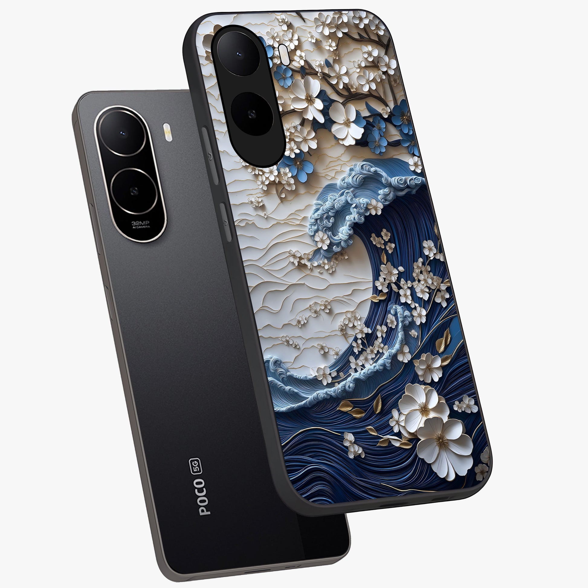 Floral Wave Origami Glass Case displayed in angled mockup highlighting geometric origami flower design with modern aesthetic style.