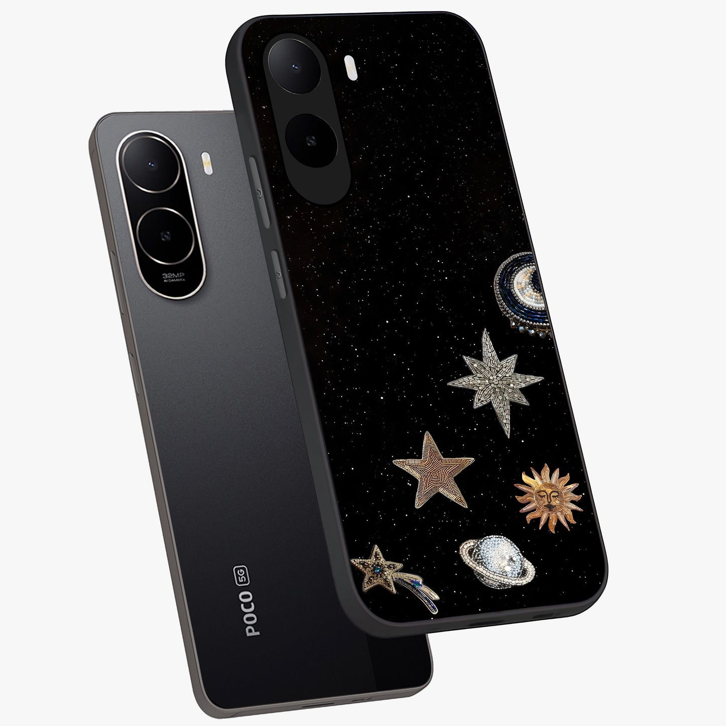 Galactic Charm Glow Glass Case displayed in angled mockup highlighting luminous galaxy inspired design with dreamy aesthetic.