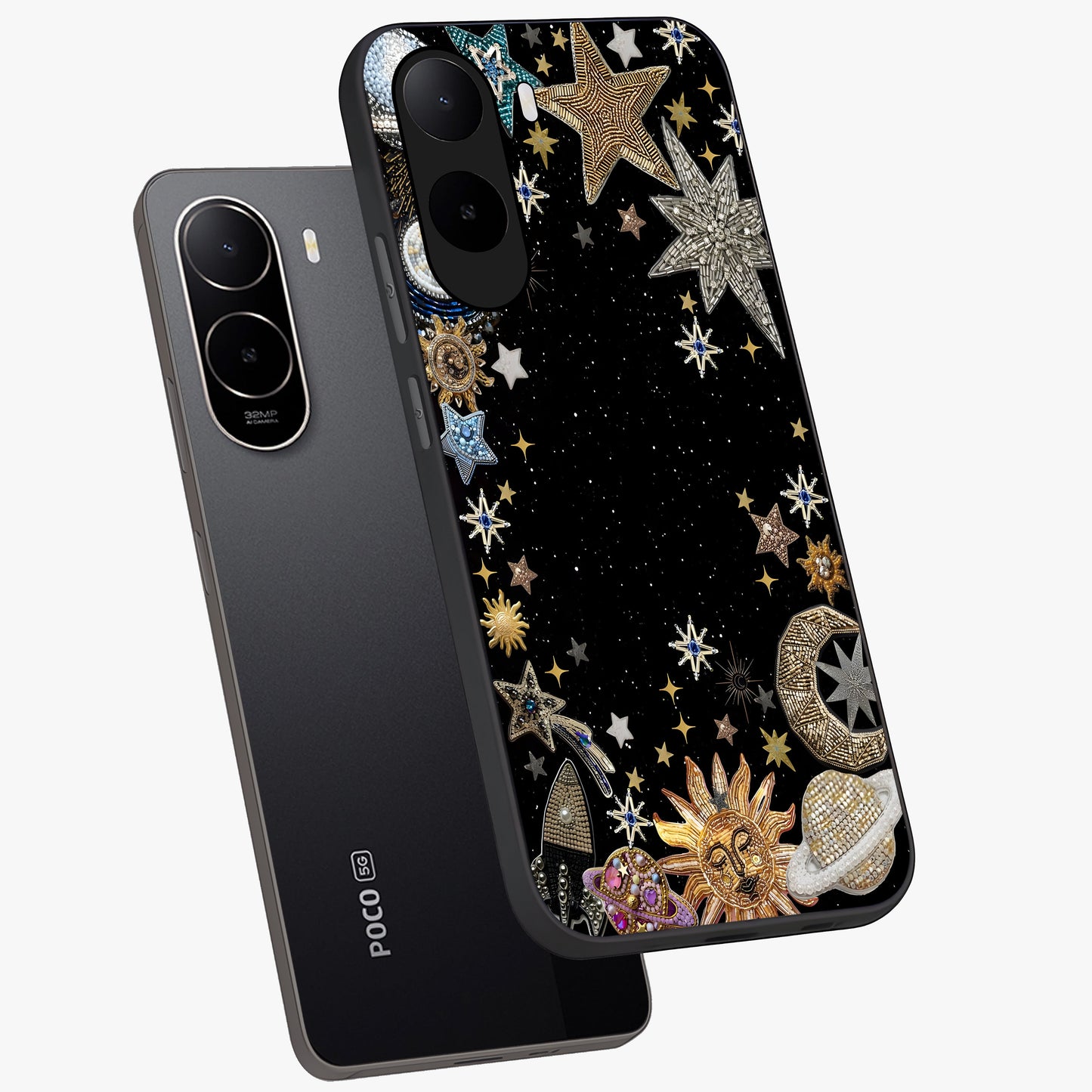 Galactic Jewel Stars Glass Case displayed in angled mockup highlighting shining celestial star design with cosmic aesthetic style.