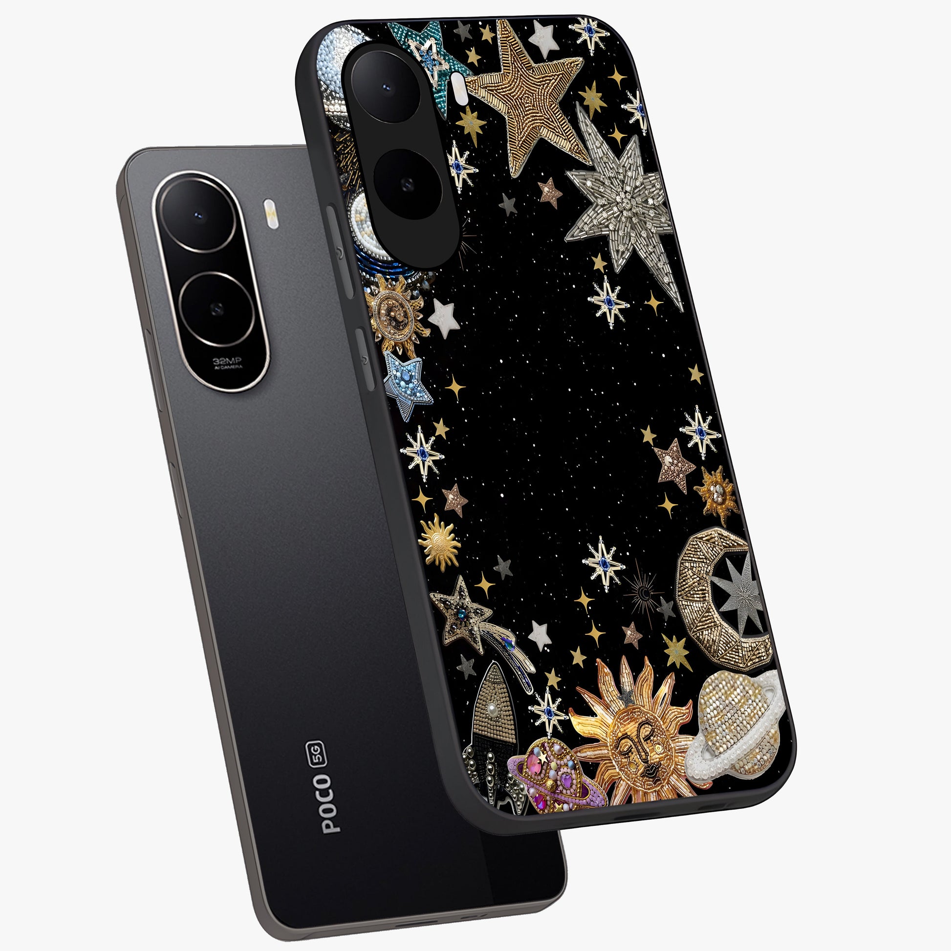 Galactic Jewel Stars Glass Case displayed in angled mockup highlighting shining celestial star design with cosmic aesthetic style.