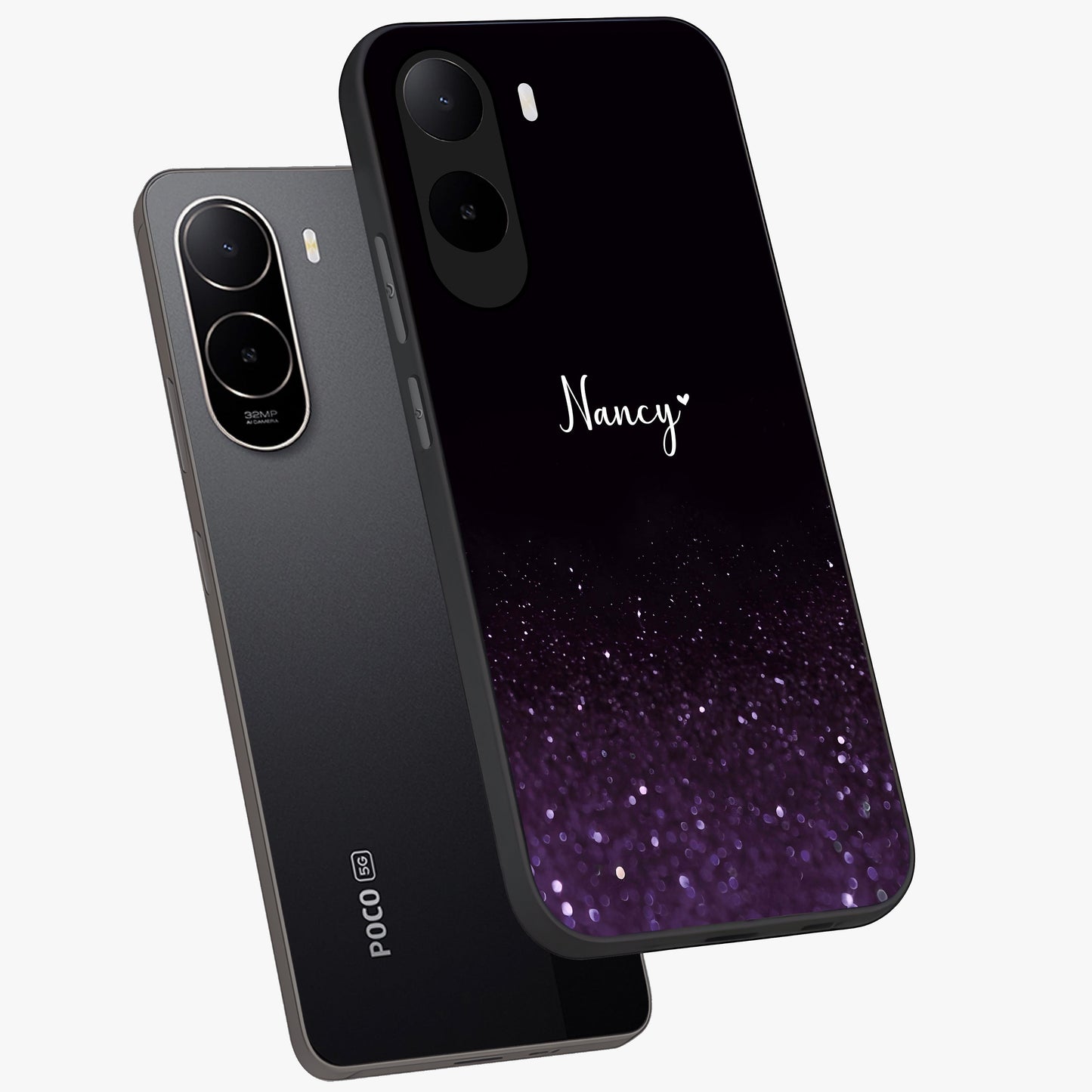 Glittery Purple Bokeh Custom Name Glass Case displayed in angled mockup highlighting glitter bokeh pattern with custom name feature.