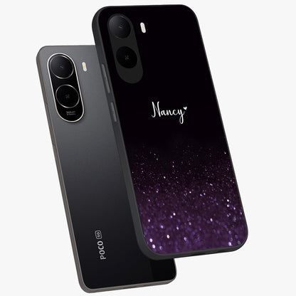 Glittery Purple Bokeh Custom Name Glass Case displayed in angled mockup highlighting glitter bokeh pattern with custom name feature.