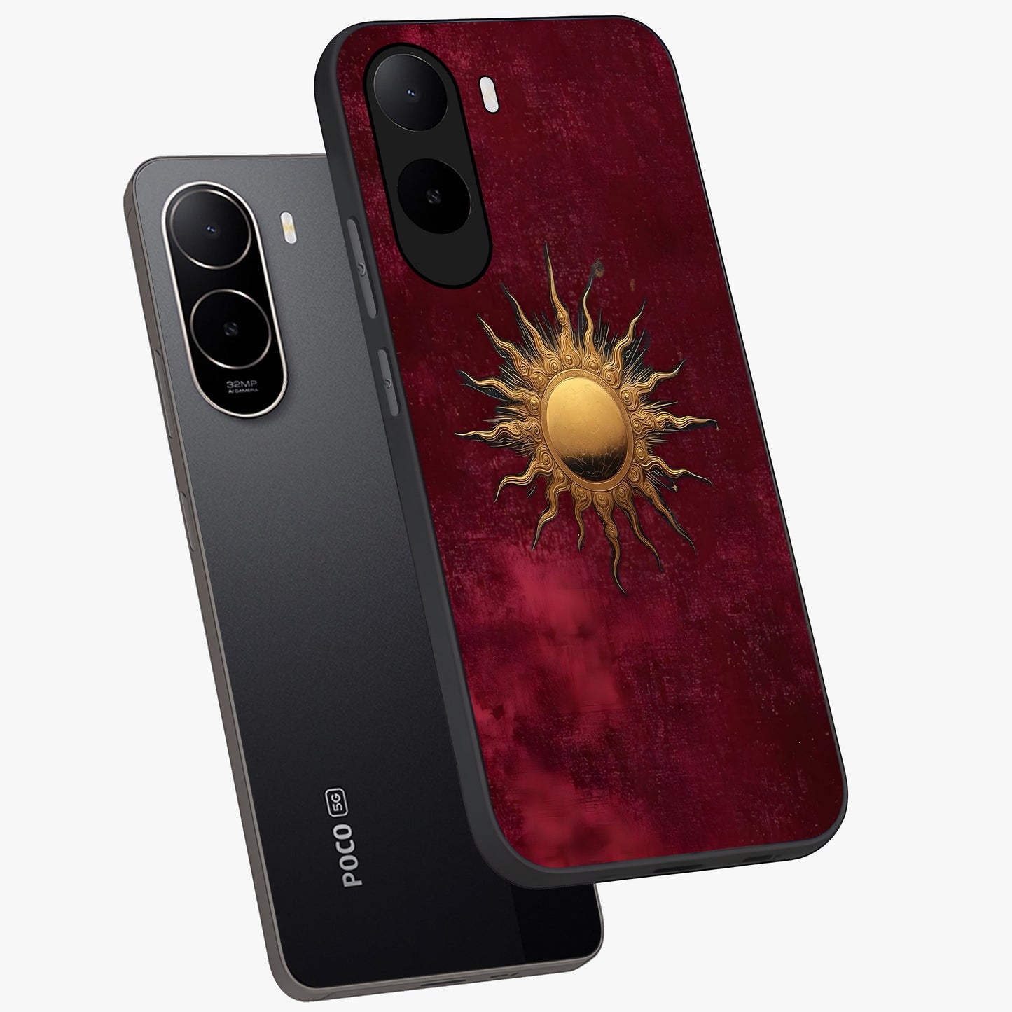 Golden Sun Minimalism Glass Case displayed in angled mockup highlighting clean sun symbol design with modern minimal aesthetic.