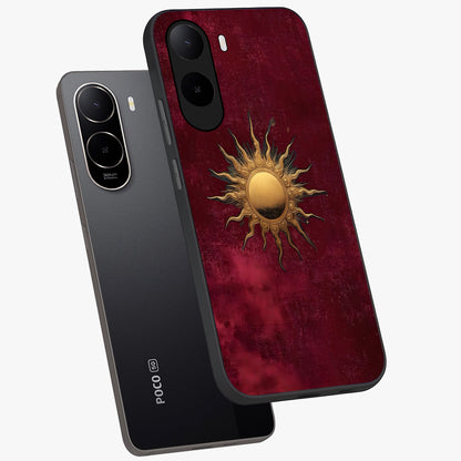 Golden Sun Minimalism Glass Case displayed in angled mockup highlighting clean sun symbol design with modern minimal aesthetic.