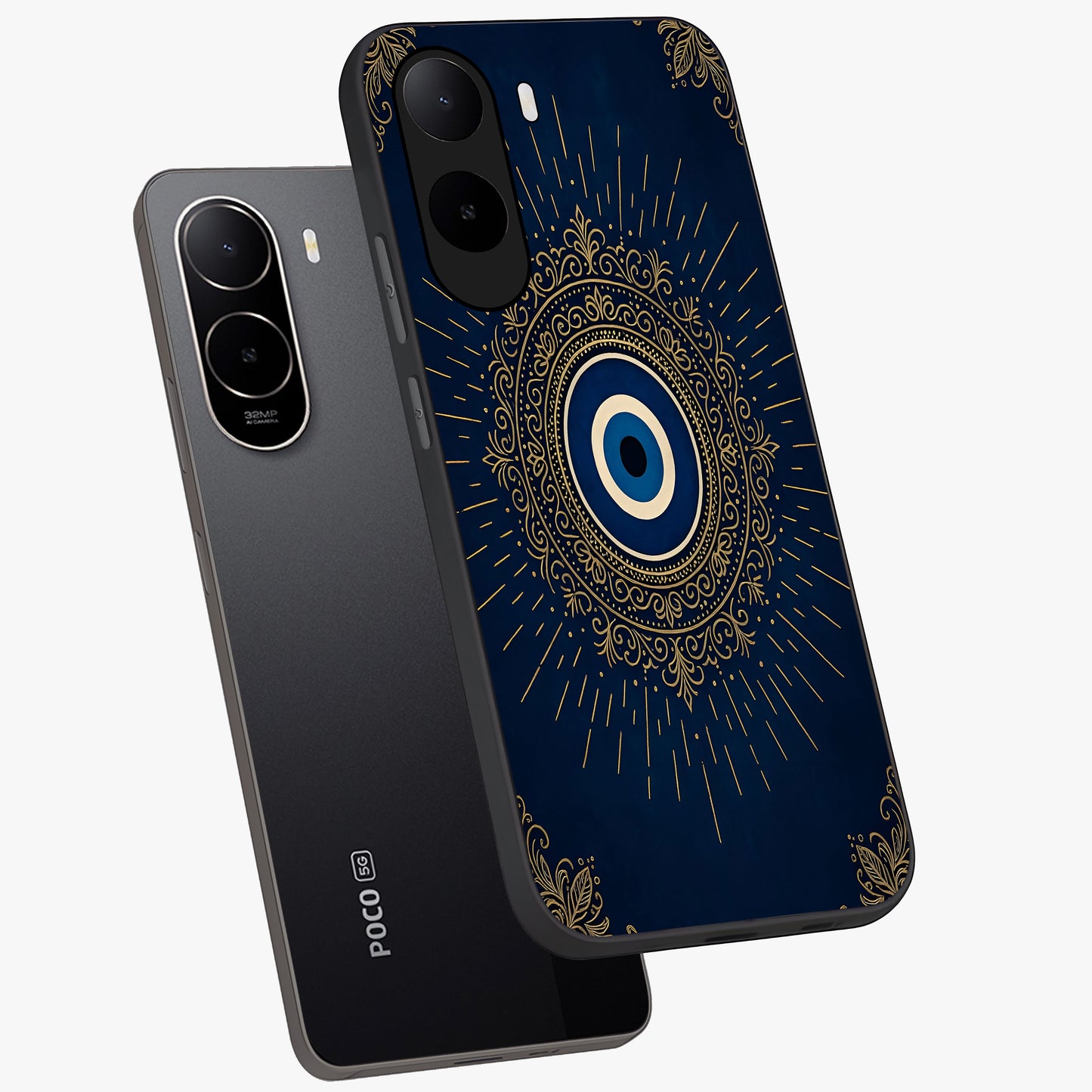 Golden Celestial Charm Glass Case displayed in angled mockup highlighting sparkling cosmic charm design with celestial aesthetic.