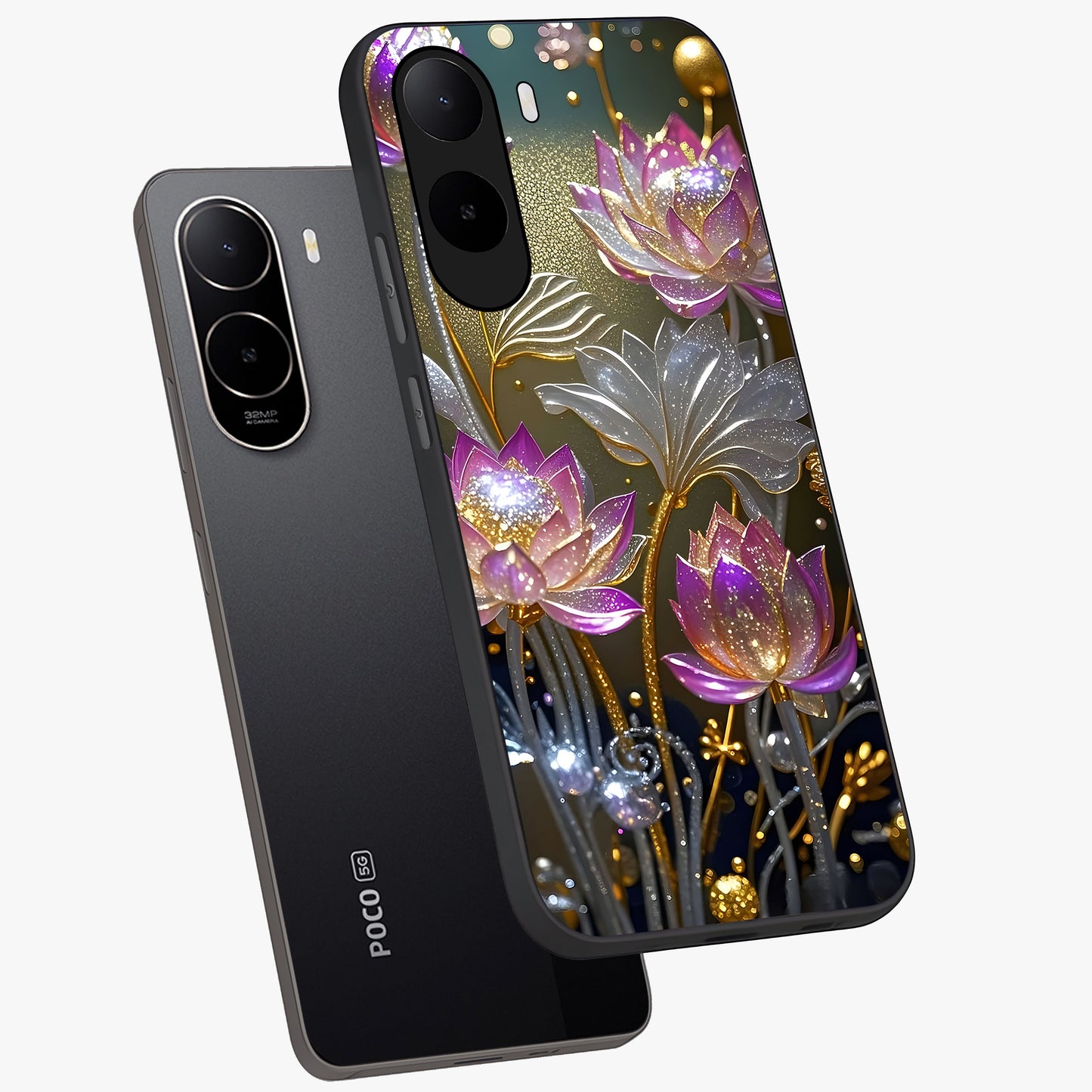Golden Floral Majesty Glass Case displayed in angled mockup highlighting elegant flower design with royal golden aesthetic.