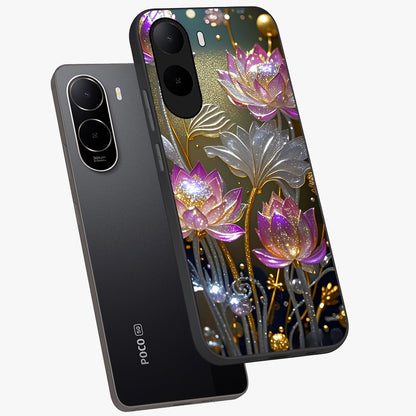 Golden Floral Majesty Glass Case displayed in angled mockup highlighting elegant flower design with royal golden aesthetic.