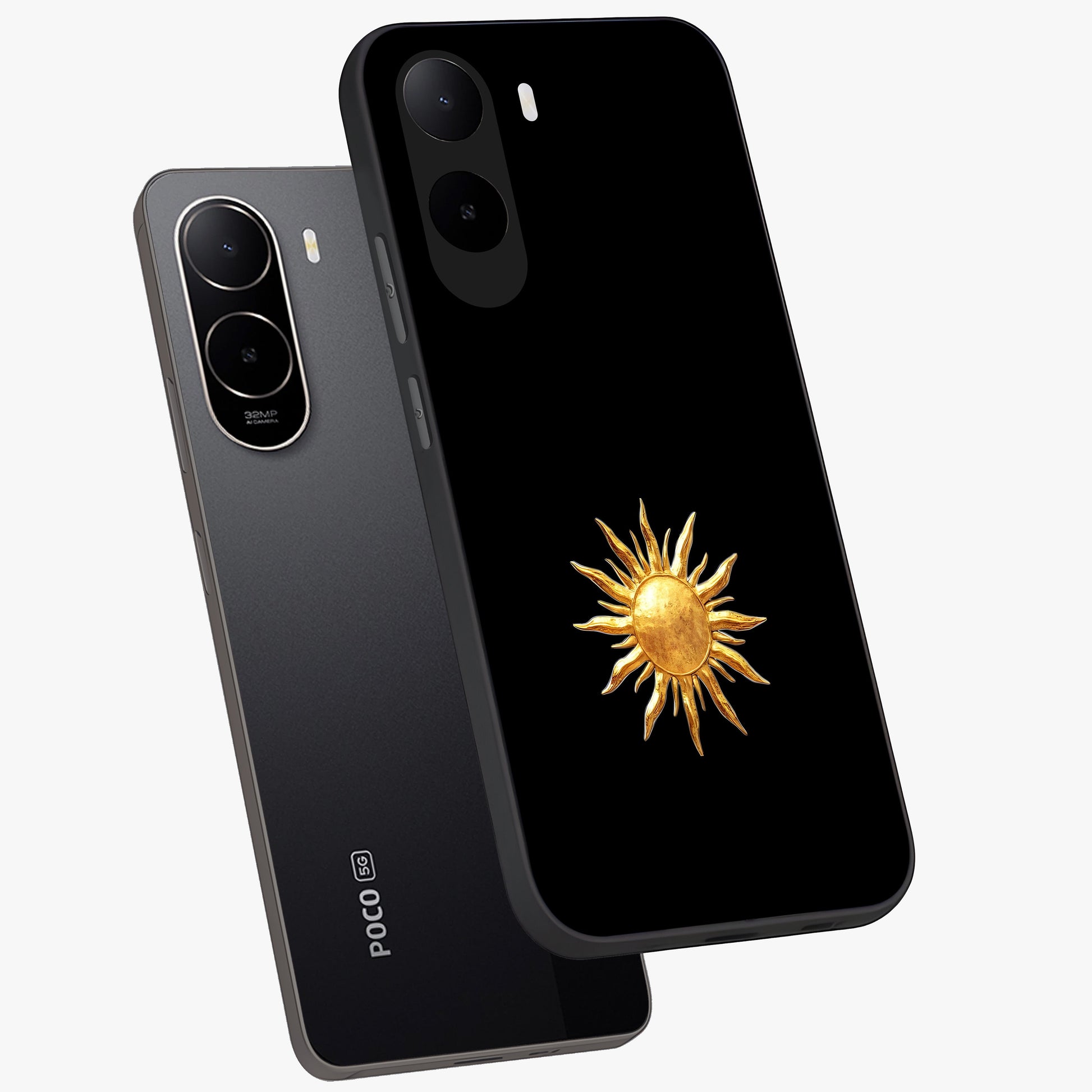 Golden Sun Minimalism Glass Case displayed in angled mockup highlighting eerie shadow illustration with gothic aesthetic.