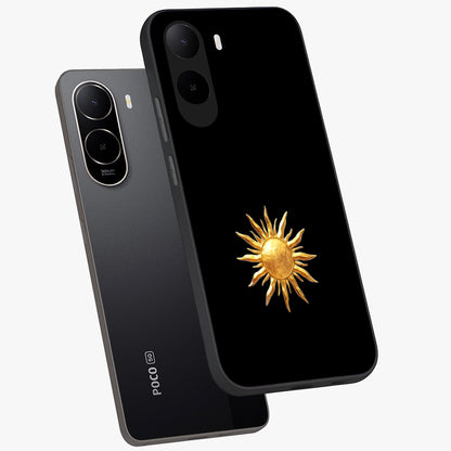 Golden Sun Minimalism Glass Case displayed in angled mockup highlighting eerie shadow illustration with gothic aesthetic.