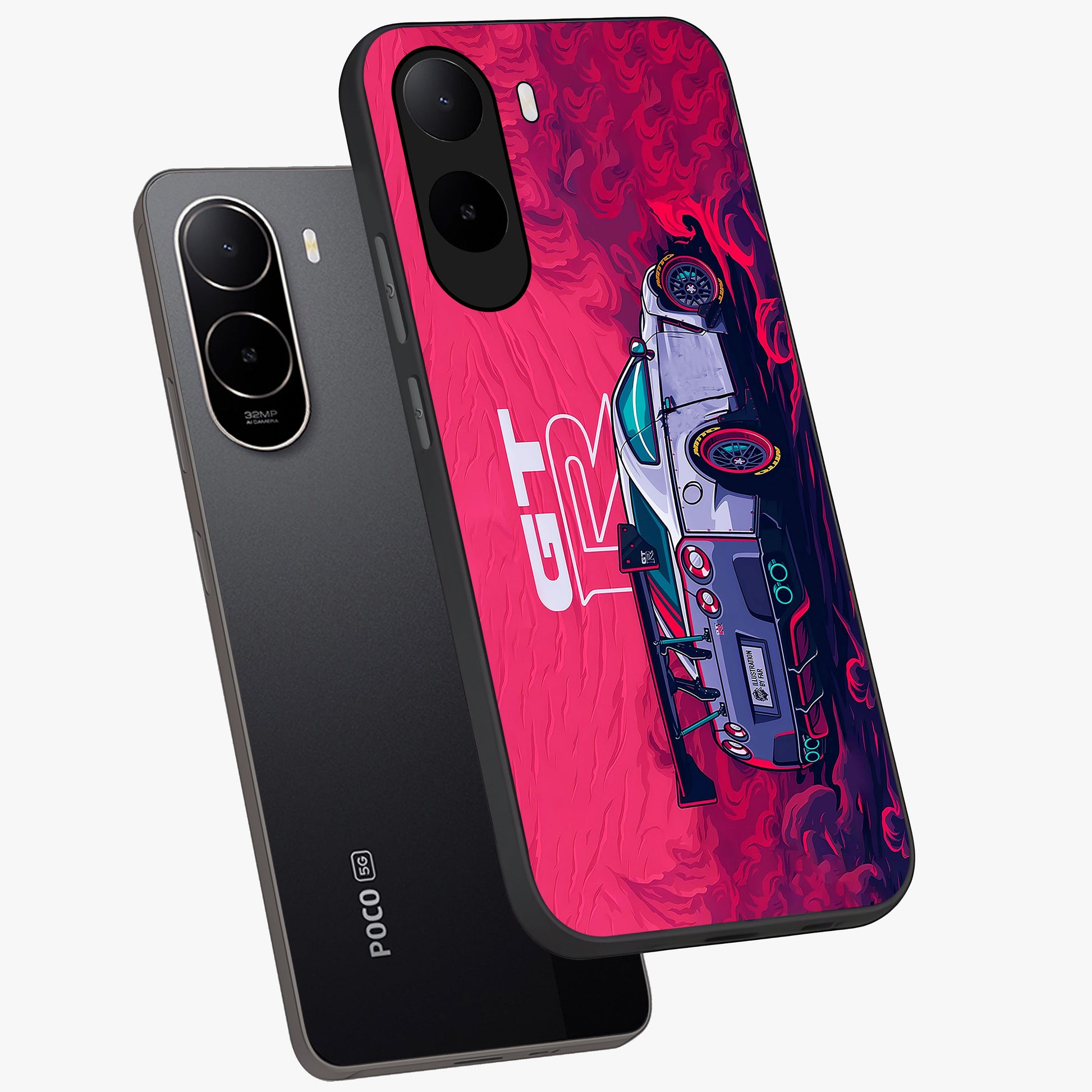 GT-R Car Pattern Glass Case displayed in angled mockup highlighting racing car graphic design with bold automotive aesthetic.