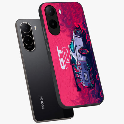 GT-R Car Pattern Glass Case displayed in angled mockup highlighting racing car graphic design with bold automotive aesthetic.