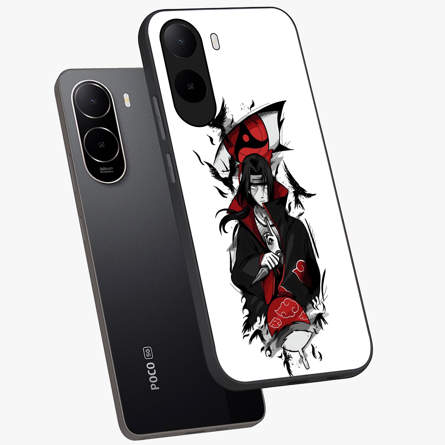 Itachi Limited Edition Naruto Anime Glass Case displayed in angled mockup highlighting dramatic anime illustration with bold action aesthetic.