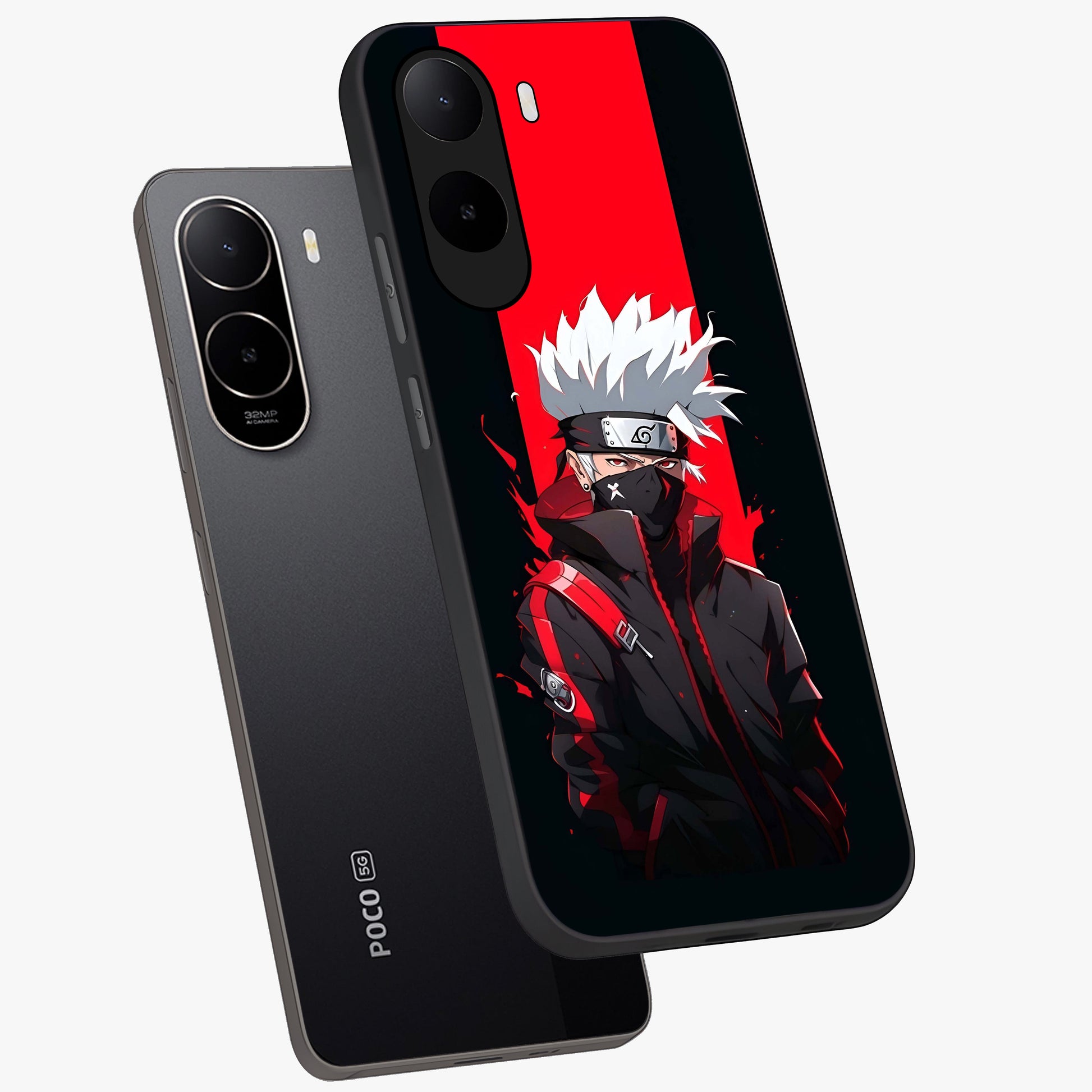 Kakashi Scarlet Shadow Glass Case displayed in angled mockup highlighting dramatic ninja illustration with scarlet themed aesthetic.