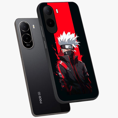 Kakashi Scarlet Shadow Glass Case displayed in angled mockup highlighting dramatic ninja illustration with scarlet themed aesthetic.