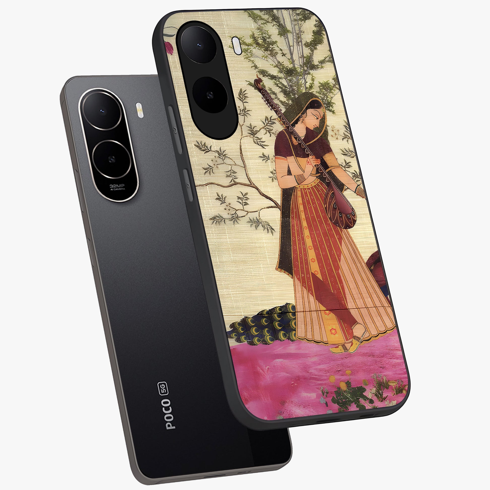 Lady With Veena Art Glass Case displayed in angled mockup highlighting graceful musical illustration with cultural artistic aesthetic.