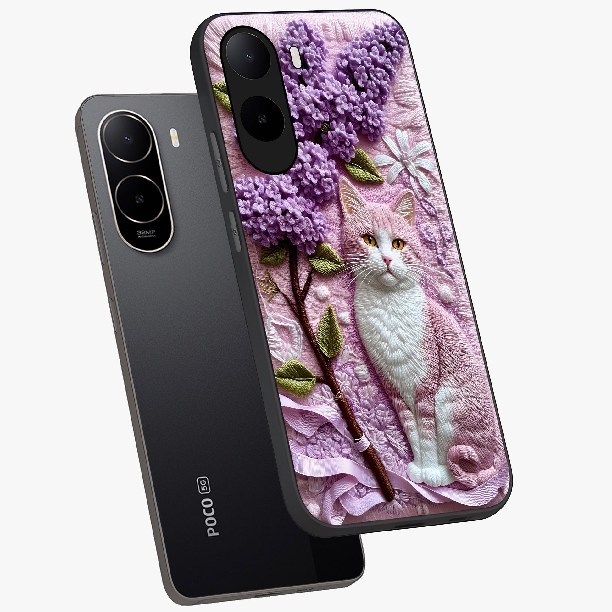 Lavender Cat Whimsy Glass Case displayed in angled mockup highlighting playful feline illustration with pastel lavender aesthetic.