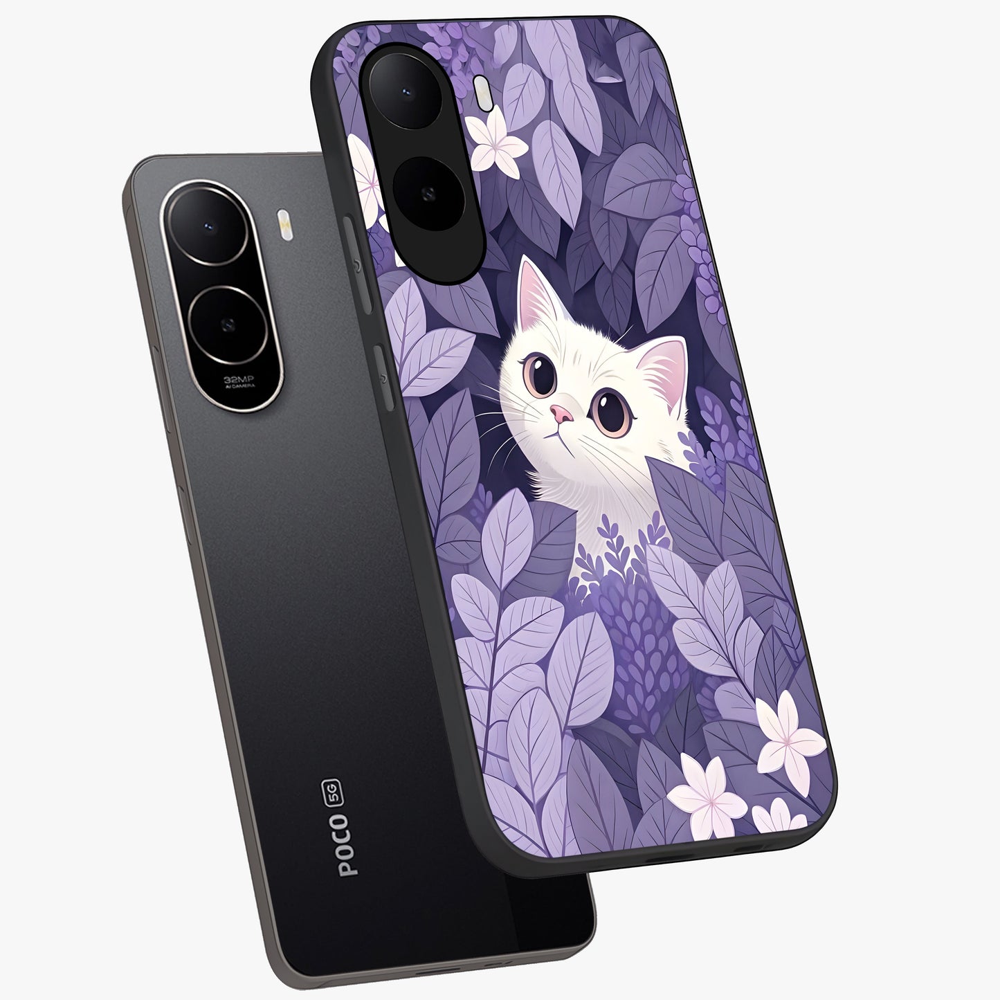 Lilac Hide Peek Cat Glass Case displayed in angled mockup highlighting playful feline illustration with lilac aesthetic design.