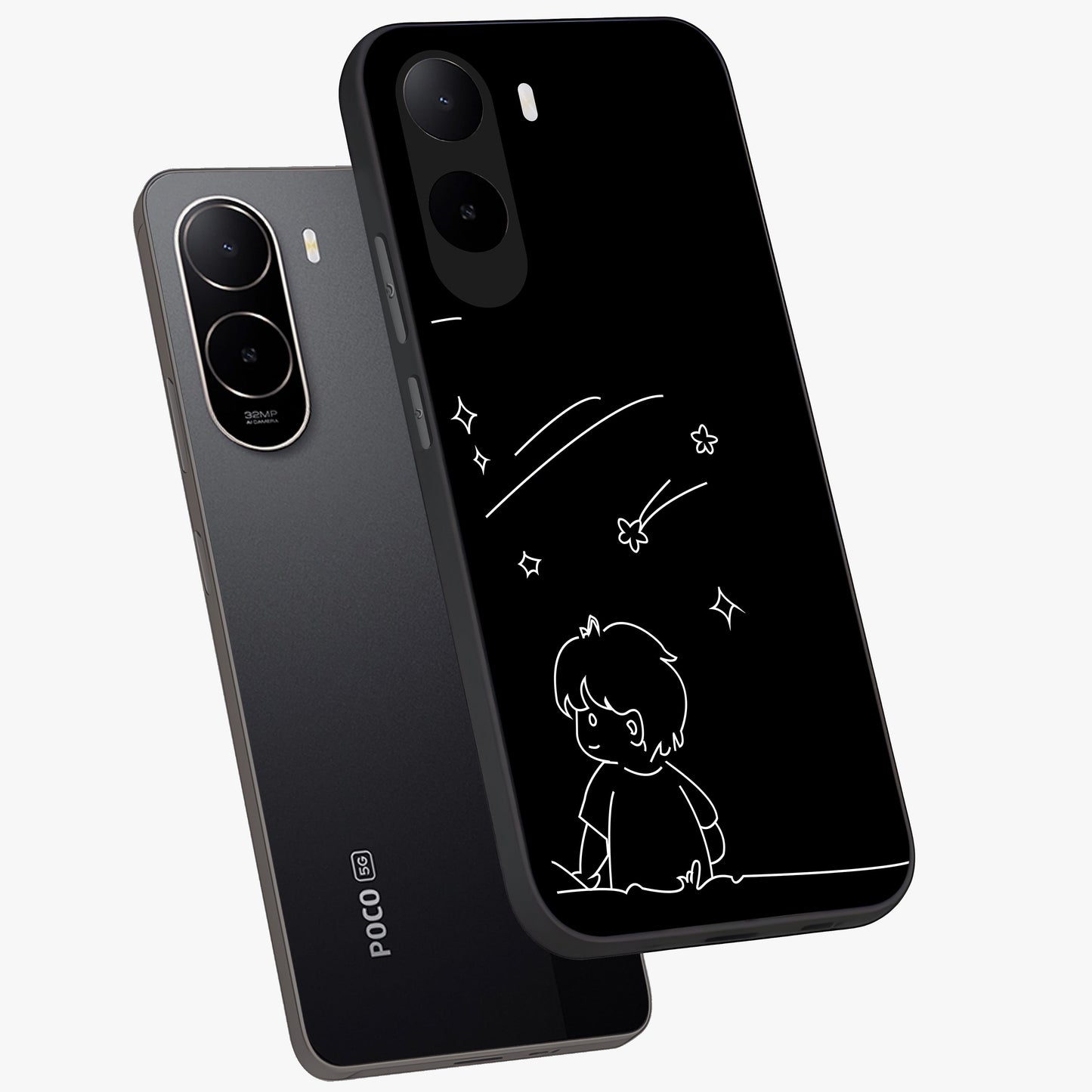 Line Art Boy With Shooting Stars Glass Case displayed in angled mockup highlighting elegant line art design with dreamy star aesthetic.