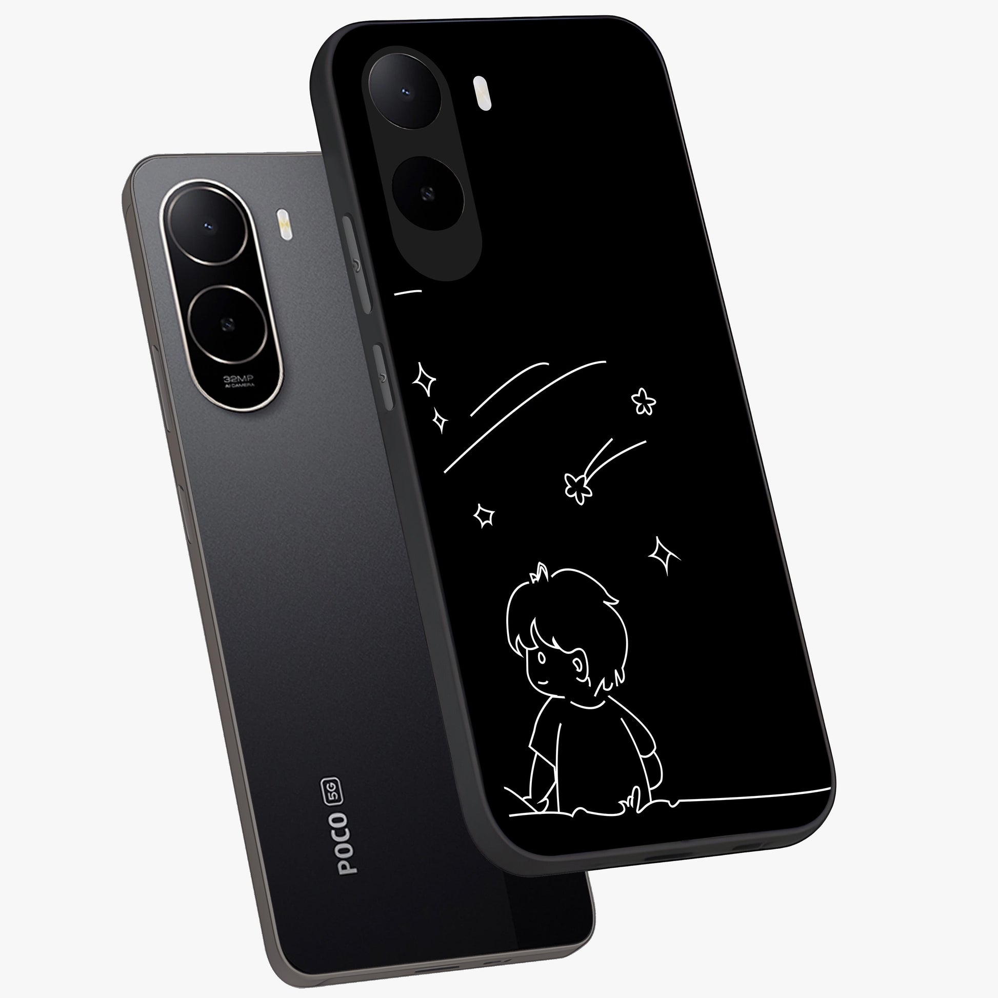 Line Art Boy With Shooting Stars Glass Case displayed in angled mockup highlighting elegant line art design with dreamy star aesthetic.