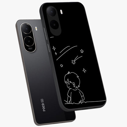 Line Art Boy With Shooting Stars Glass Case displayed in angled mockup highlighting elegant line art design with dreamy star aesthetic.