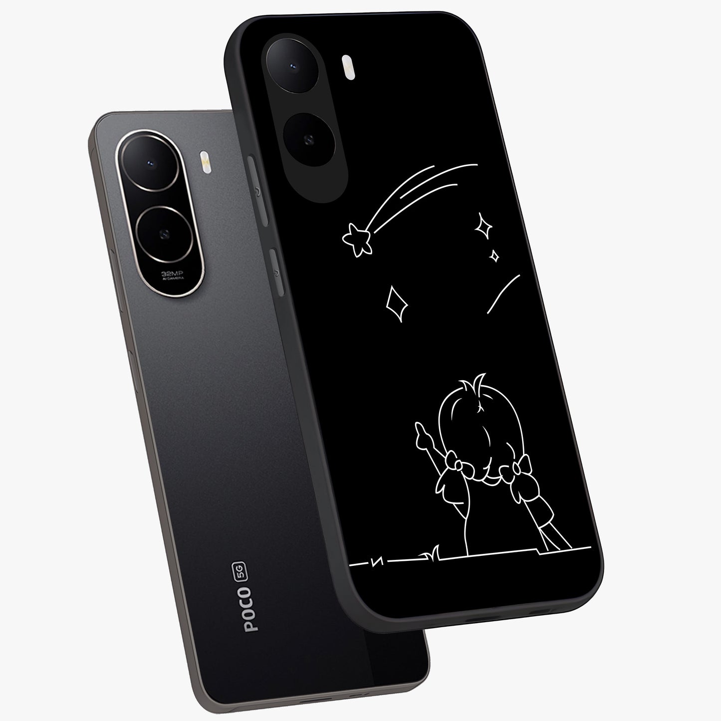 Line Art Girl With Shooting Stars Glass Case displayed in angled mockup highlighting elegant line art design with dreamy star aesthetic.