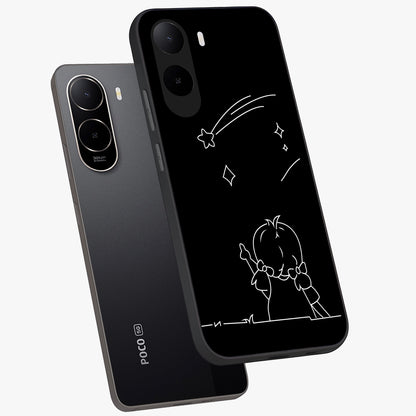 Line Art Girl With Shooting Stars Glass Case displayed in angled mockup highlighting elegant line art design with dreamy star aesthetic.