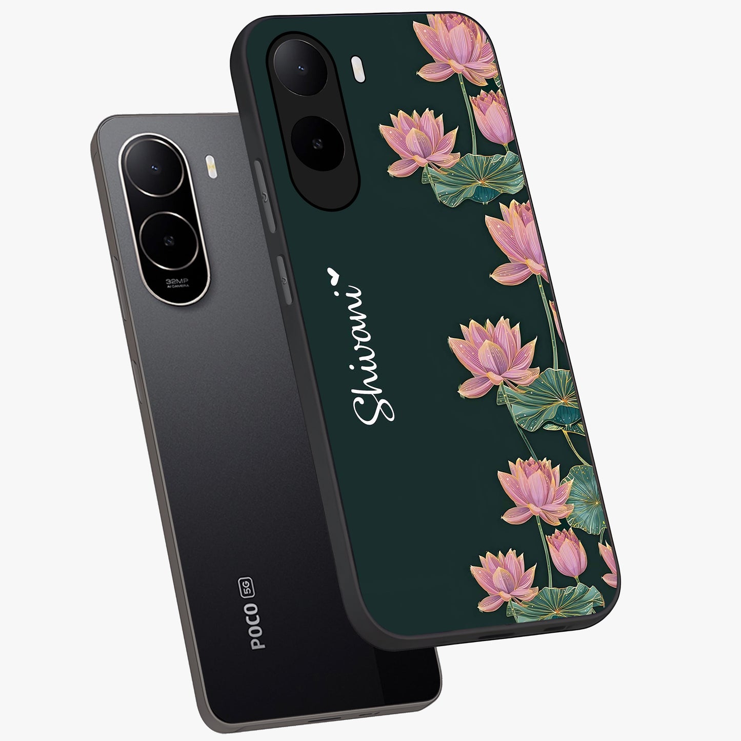 Lotus Bloom Serenity Custom Name Glass Case displayed in angled mockup highlighting graceful lotus illustration with custom name feature.