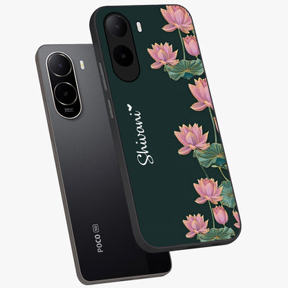 Lotus Bloom Serenity Custom Name Glass Case displayed in angled mockup highlighting graceful lotus illustration with custom name feature.