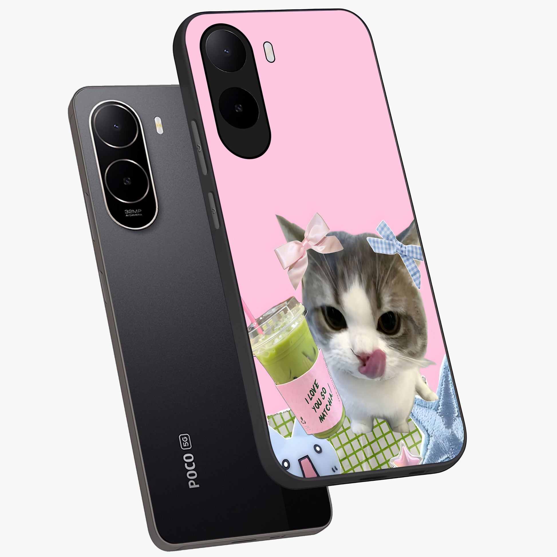Love Matcha Cat Glass Case displayed in angled mockup highlighting playful feline illustration with cozy matcha aesthetic.