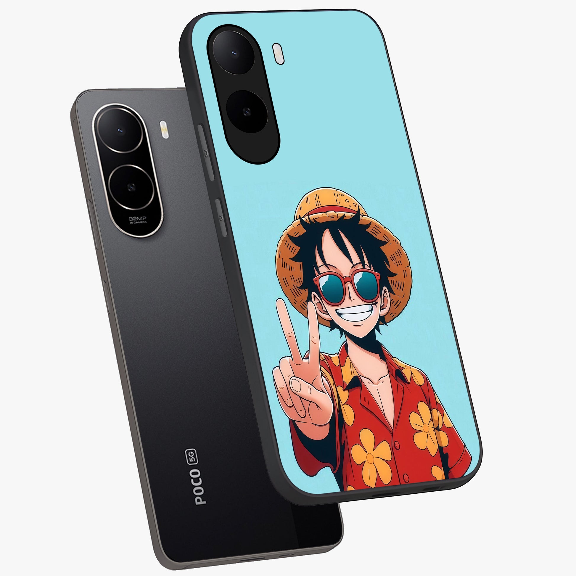 Luffy Summer Anime Vibe Glass Case displayed in angled mockup highlighting energetic anime illustration with summer vibe aesthetic.