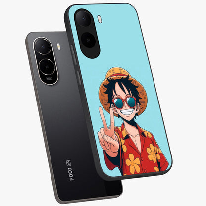Luffy Summer Anime Vibe Glass Case displayed in angled mockup highlighting energetic anime illustration with summer vibe aesthetic.