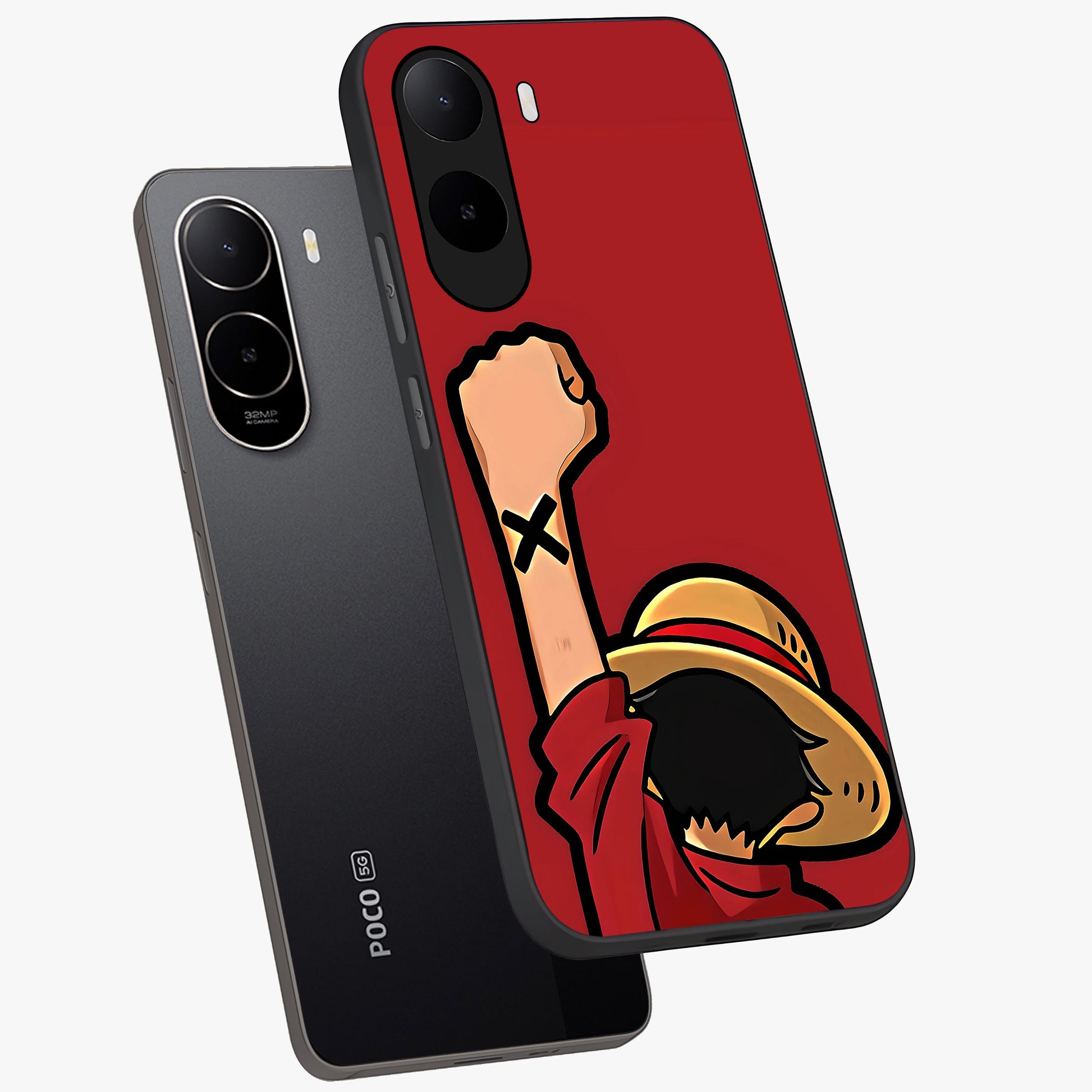 Luffy X Spirit Glass Case displayed in angled mockup highlighting powerful anime design with energetic action aesthetic.