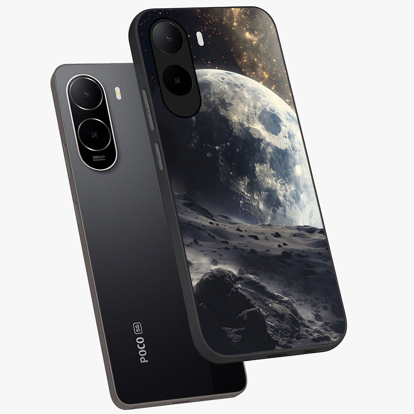 Lunar Horizon Glow Glass Case displayed in angled mockup highlighting celestial moon design with dreamy night aesthetic.