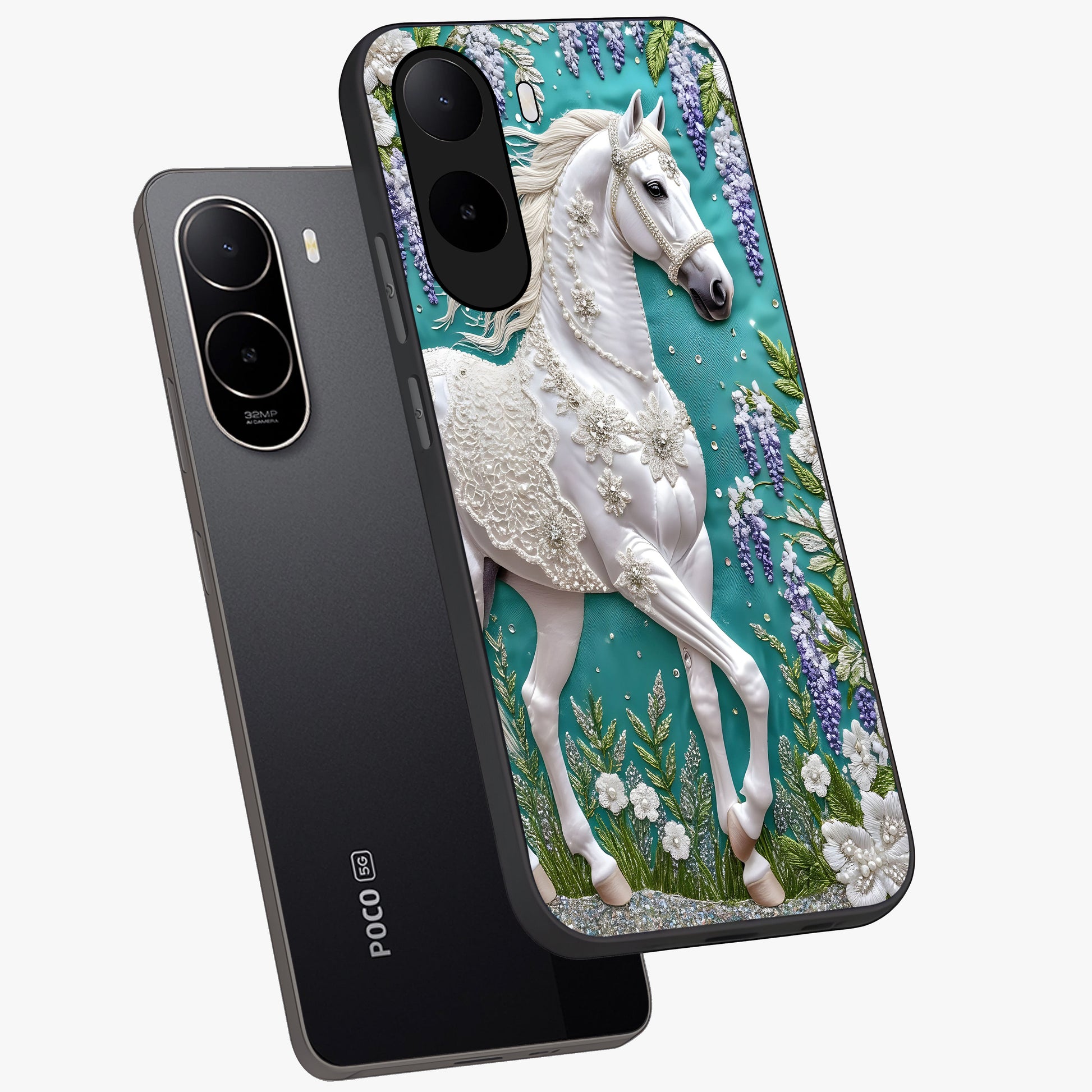 Majestic Floral Stallion Glass Case displayed in angled mockup highlighting majestic stallion illustration with elegant floral aesthetic.