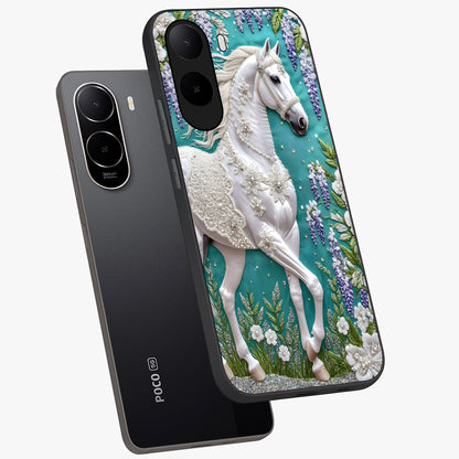 Majestic Floral Stallion Glass Case displayed in angled mockup highlighting majestic stallion illustration with elegant floral aesthetic.