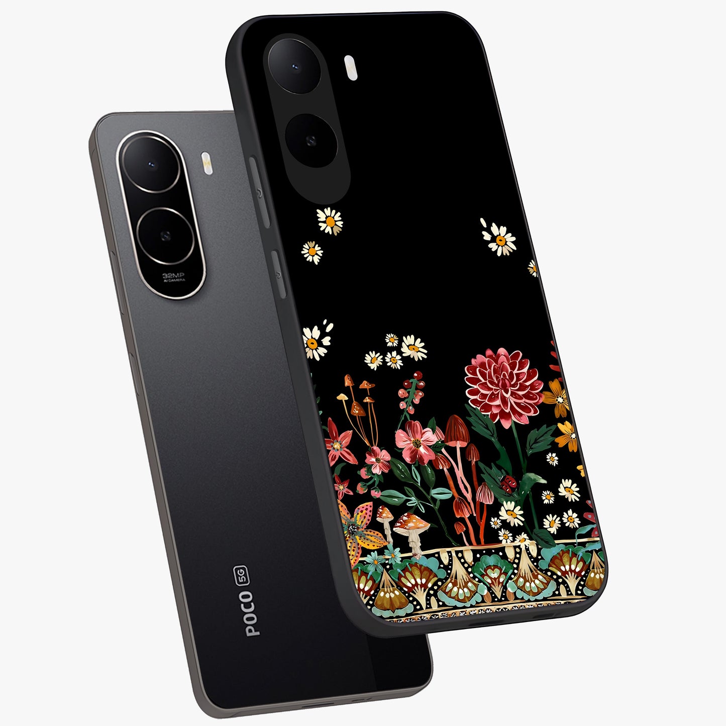 Midnight Bloom Pattern Glass Case displayed in angled mockup highlighting elegant flower design with midnight aesthetic style.