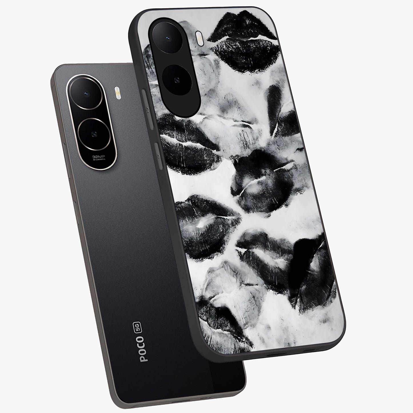 Midnight Kiss Marks Glass Case displayed in angled mockup highlighting playful romantic design with bold midnight aesthetic.