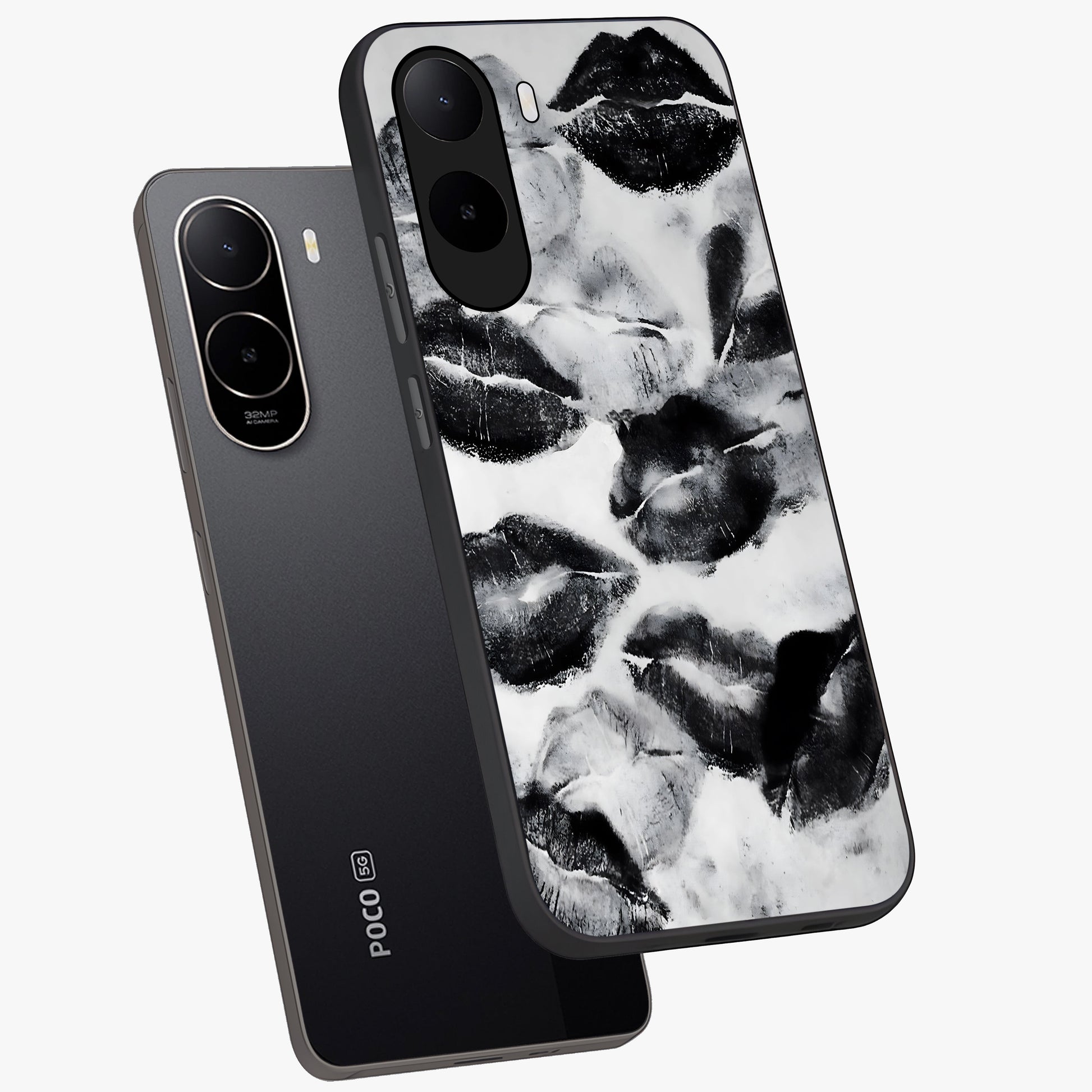 Midnight Kiss Marks Glass Case displayed in angled mockup highlighting playful romantic design with bold midnight aesthetic.