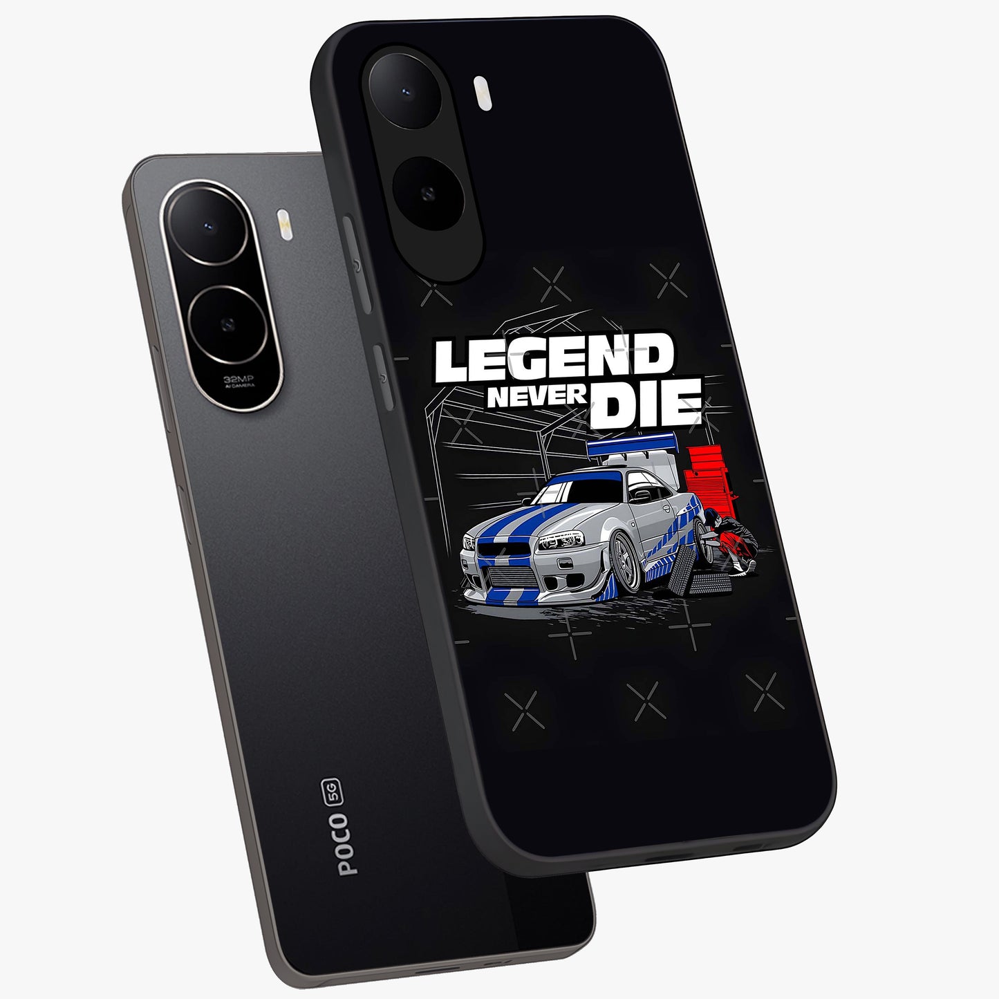 Midnight Racing Legacy Glass Case displayed in angled mockup highlighting dynamic automotive design with bold midnight aesthetic.