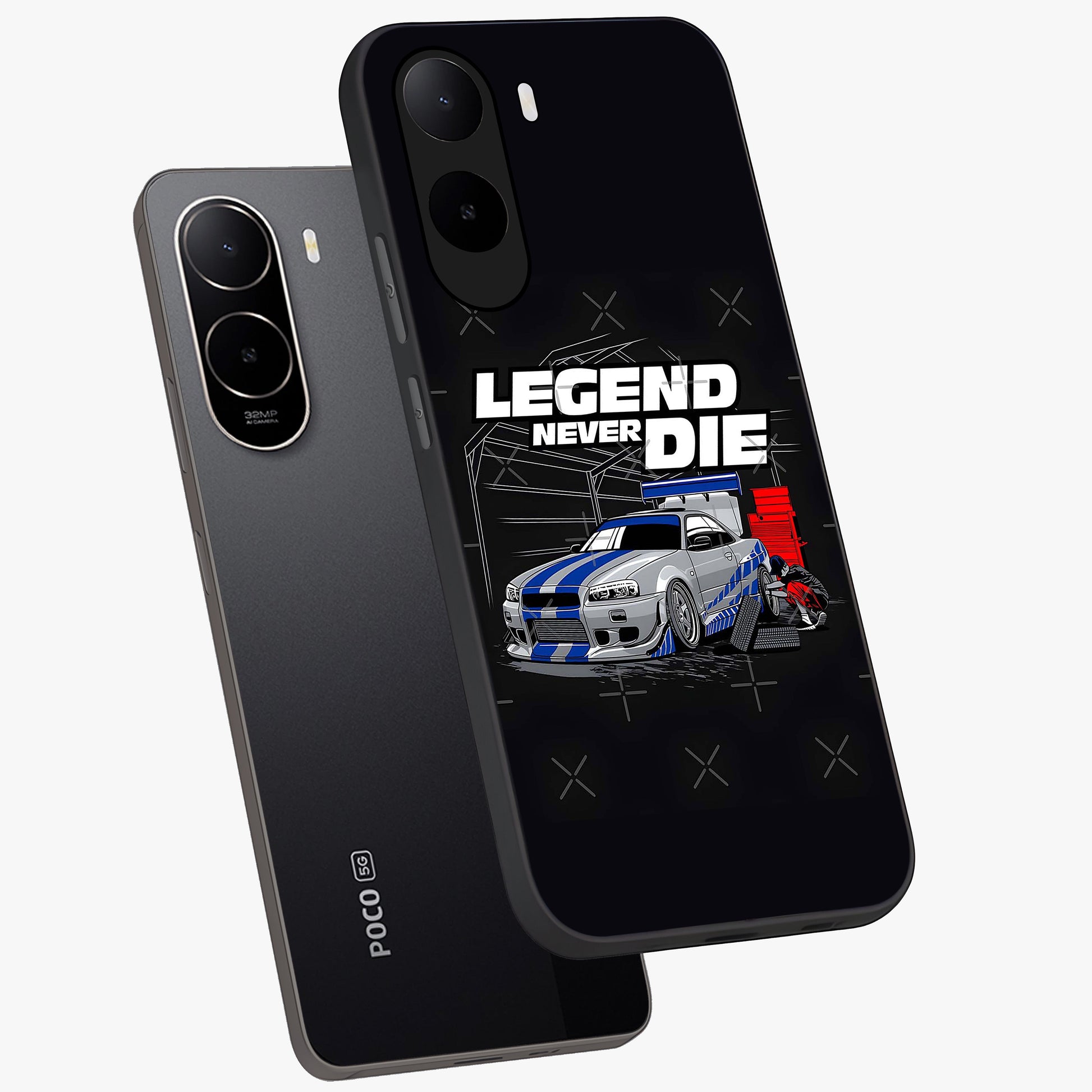 Midnight Racing Legacy Glass Case displayed in angled mockup highlighting dynamic automotive design with bold midnight aesthetic.