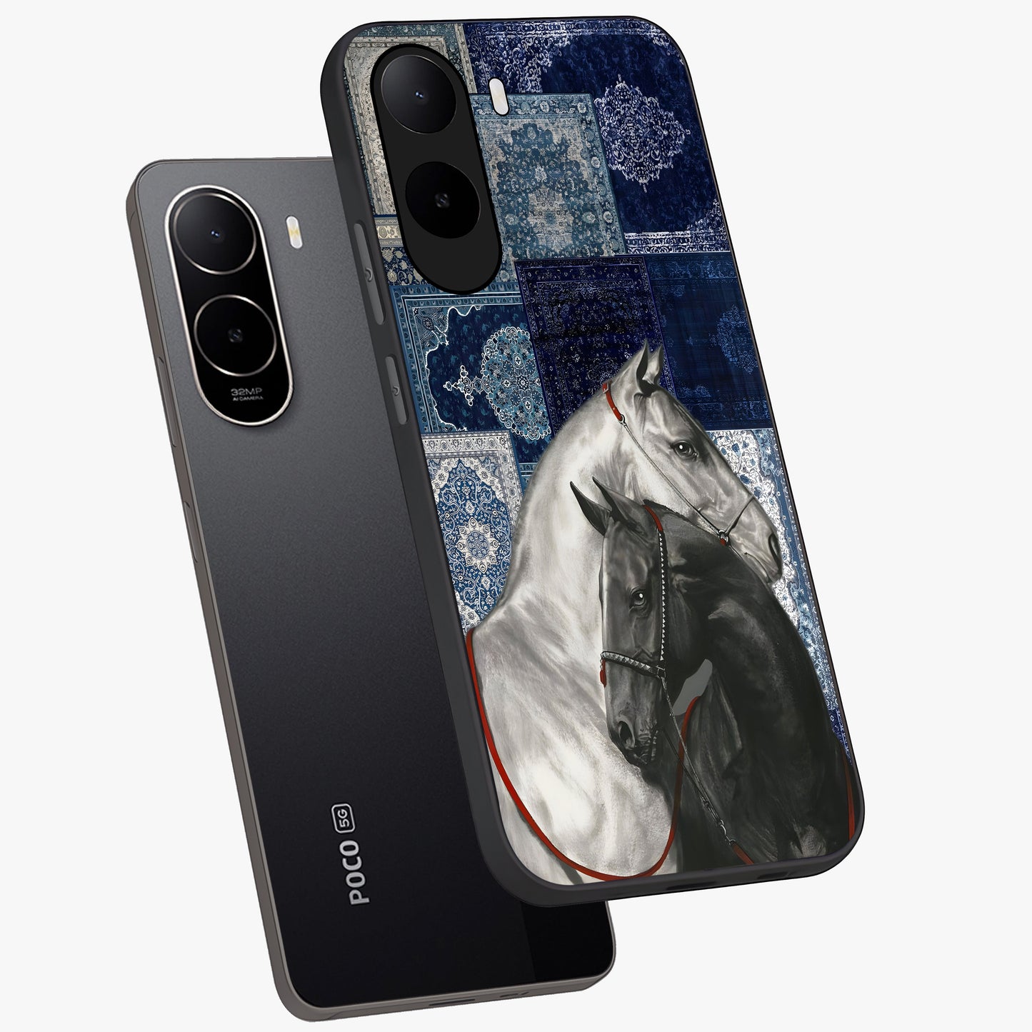 Midnight Stallion Blues Glass Case displayed in angled mockup highlighting powerful stallion illustration with deep midnight tones.