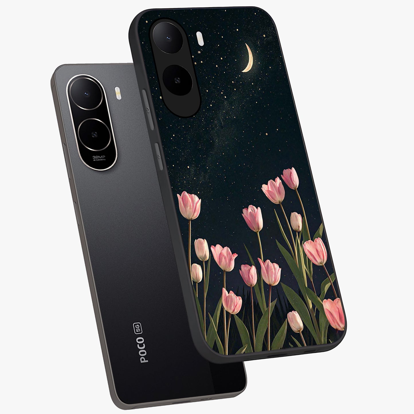 Midnight Tulip Whispers Vibe Glass Case displayed in angled mockup highlighting delicate tulip design with midnight floral aesthetic.