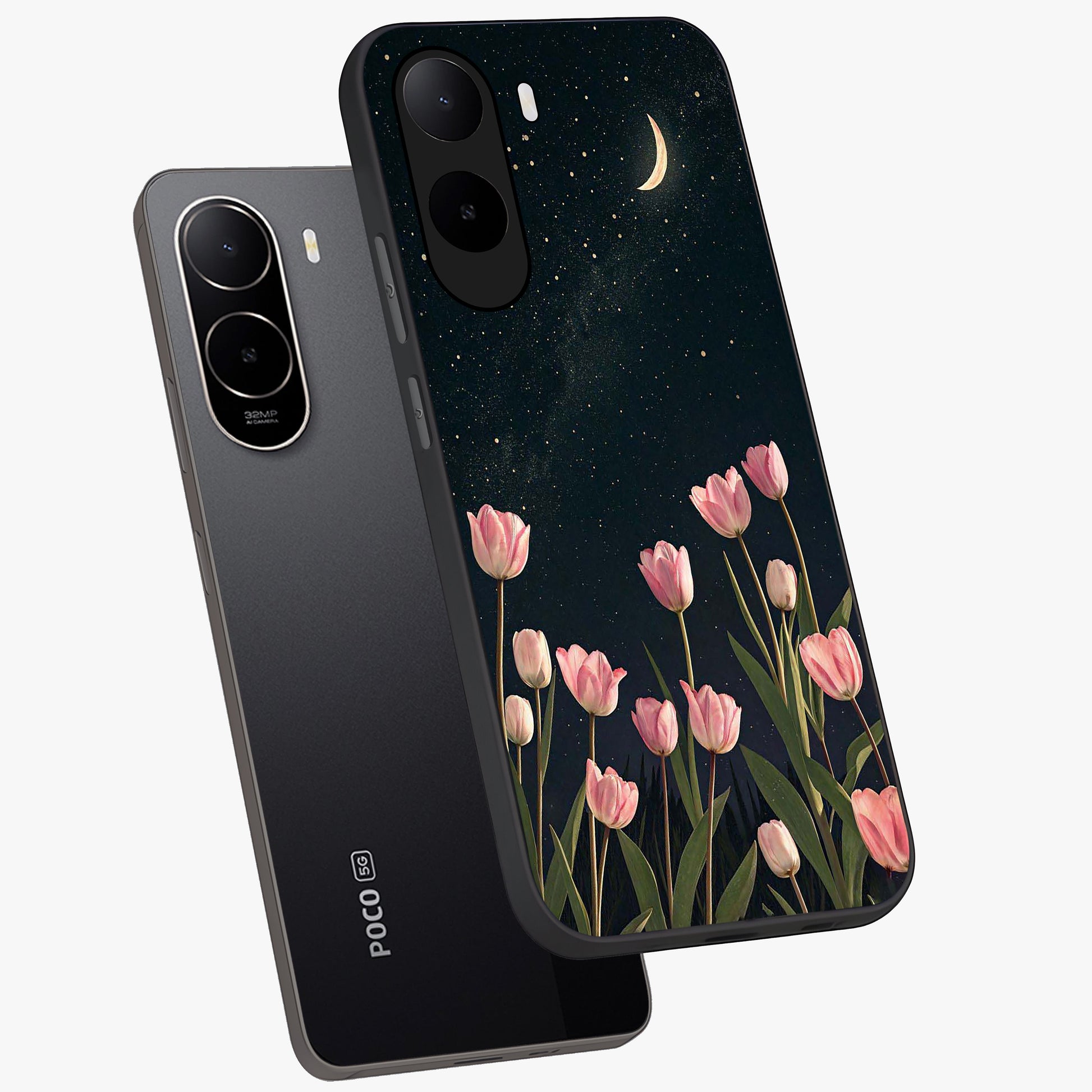 Midnight Tulip Whispers Vibe Glass Case displayed in angled mockup highlighting delicate tulip design with midnight floral aesthetic.