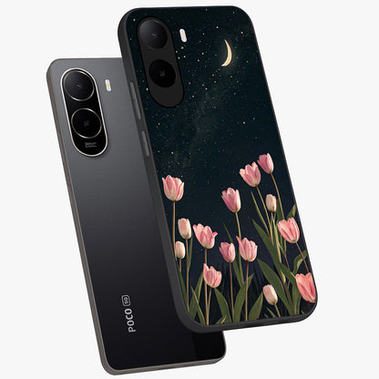 Midnight Tulip Whispers Vibe Glass Case displayed in angled mockup highlighting delicate tulip design with midnight floral aesthetic.