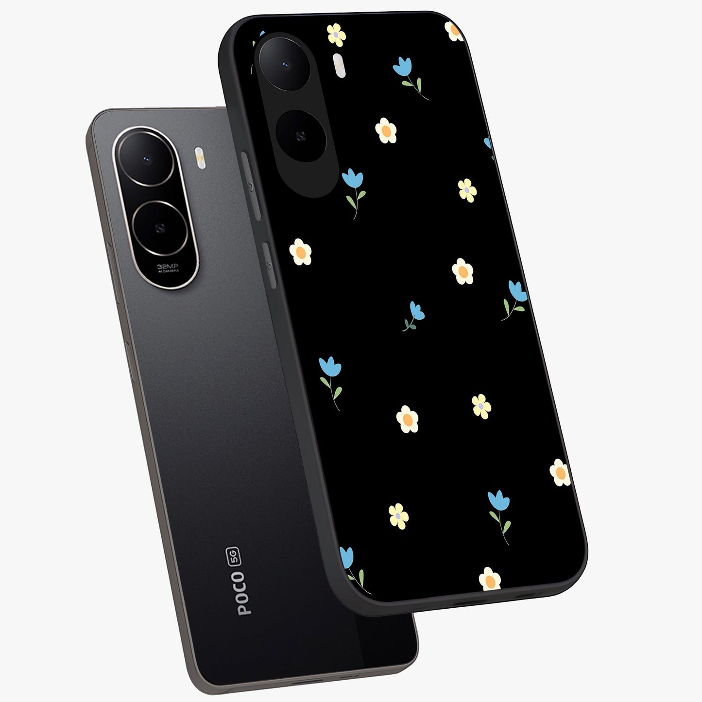 Minimal Petal Whispers Glass Case displayed in angled mockup highlighting delicate petal design with clean minimal aesthetic.