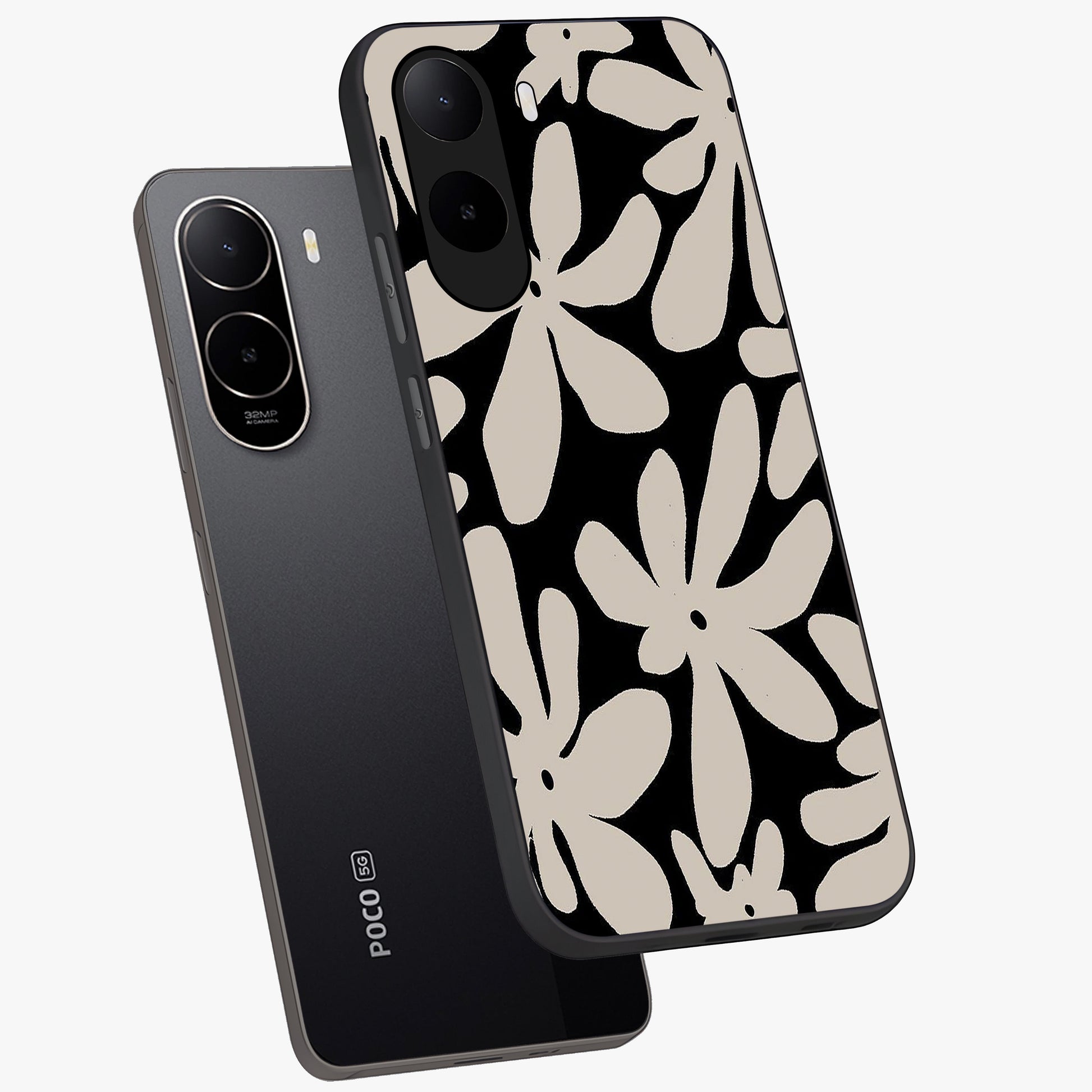 Monochrome Petal Dance Glass Case displayed in angled mockup highlighting elegant petal design with black and white aesthetic.