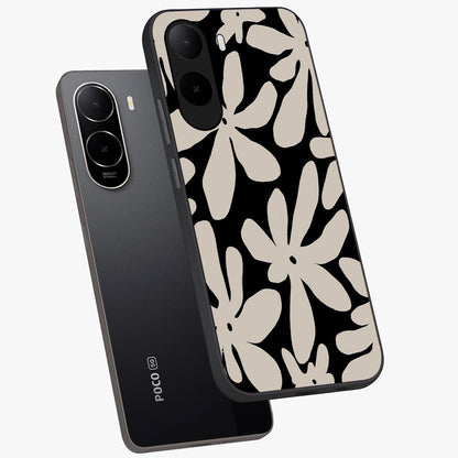 Monochrome Petal Dance Glass Case displayed in angled mockup highlighting elegant petal design with black and white aesthetic.