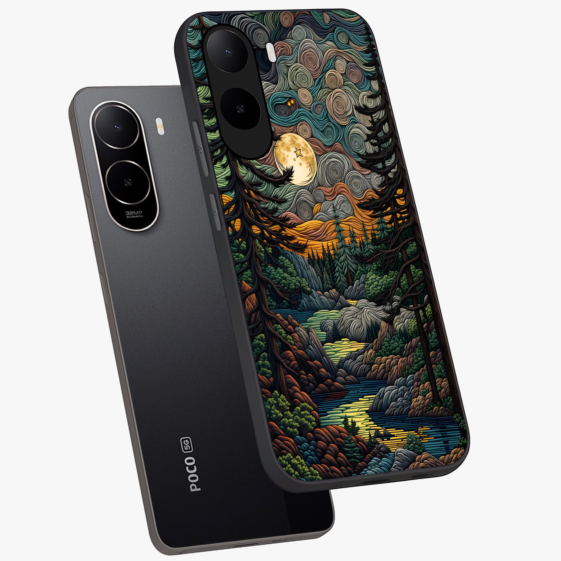 Moonlight Forest Dream Glass Case displayed in angled mockup highlighting dreamy forest design with glowing moon aesthetic.